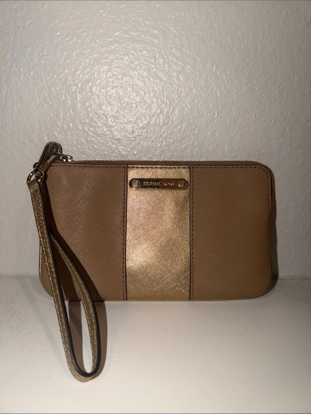 Michael Kors Tan and Gold Wristlet Clutch